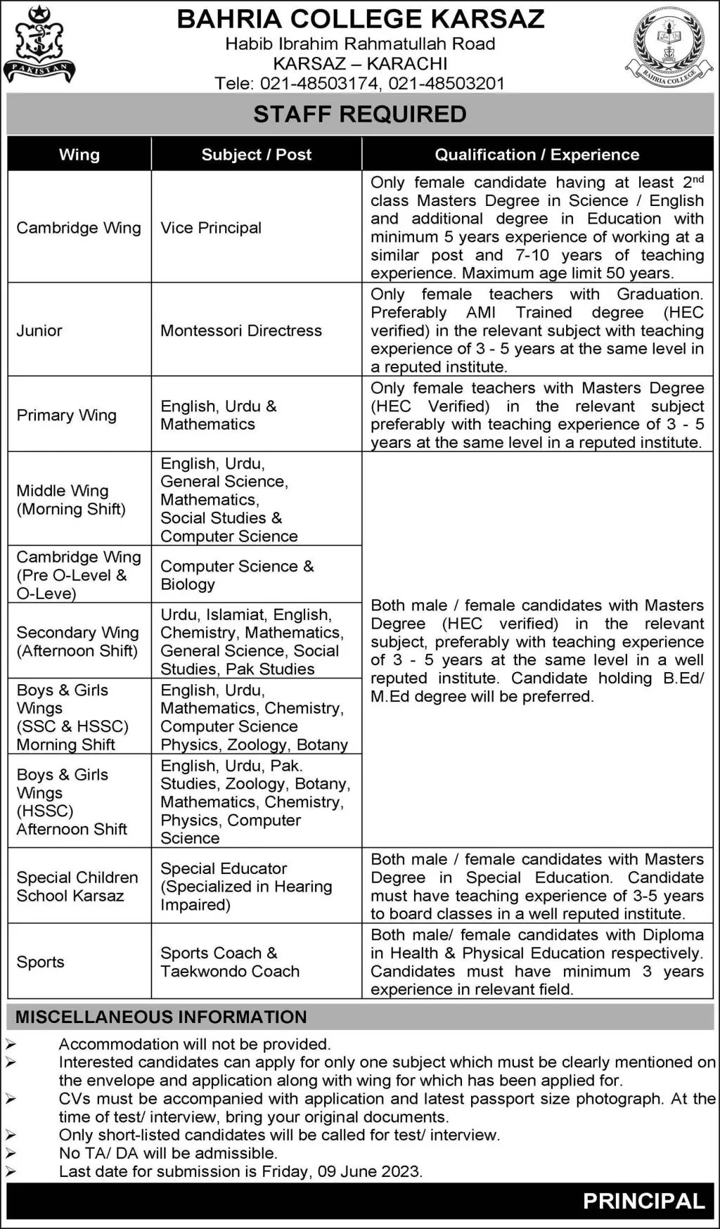 Bahria College Karsaz Karachi Jobs Jobs 2023 Jobs 2023 — original advertisement