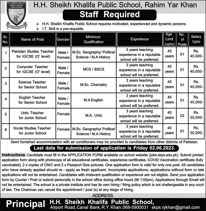 H.H Sheikh Khalifa Public School Rahim Yar Khan Jobs 2023 Jobs 2023 — original advertisement