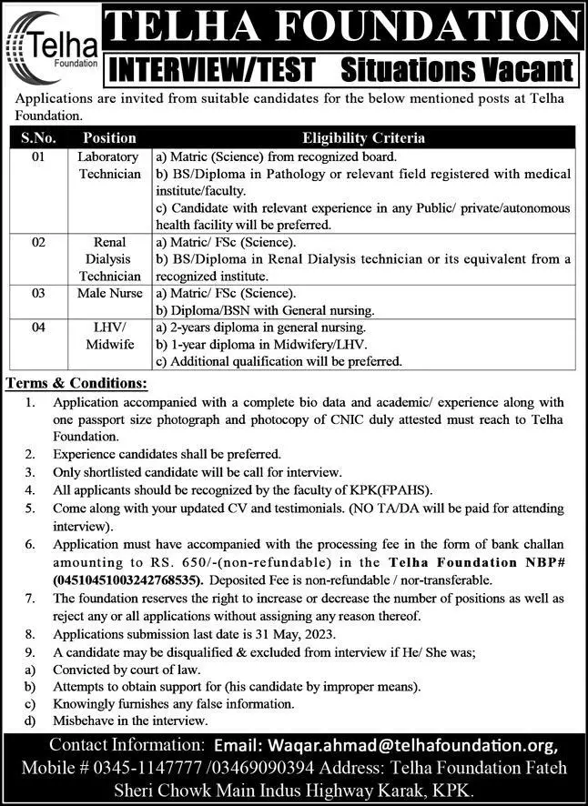Telha Foundation Karak, Khyber Pakhtunkhwa Jobs 2023 Jobs 2023 — original advertisement