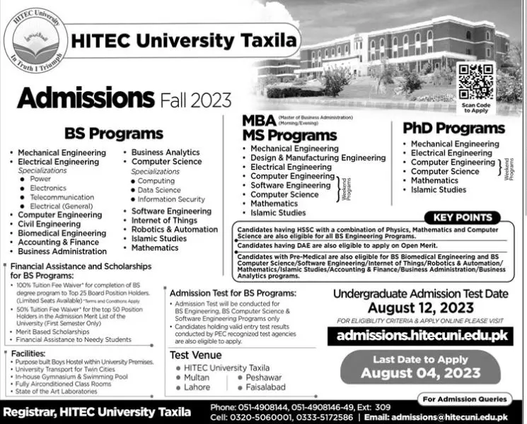 Hitec University Taxila Punjab Admissions 2023 Admissions 2023 — original advertisement