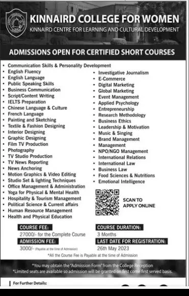 Punjab Kinnarid College For Women Admissions 2023 – Punjab Kinnaird College for Women Lahore Admissions 2023 — original advertisement