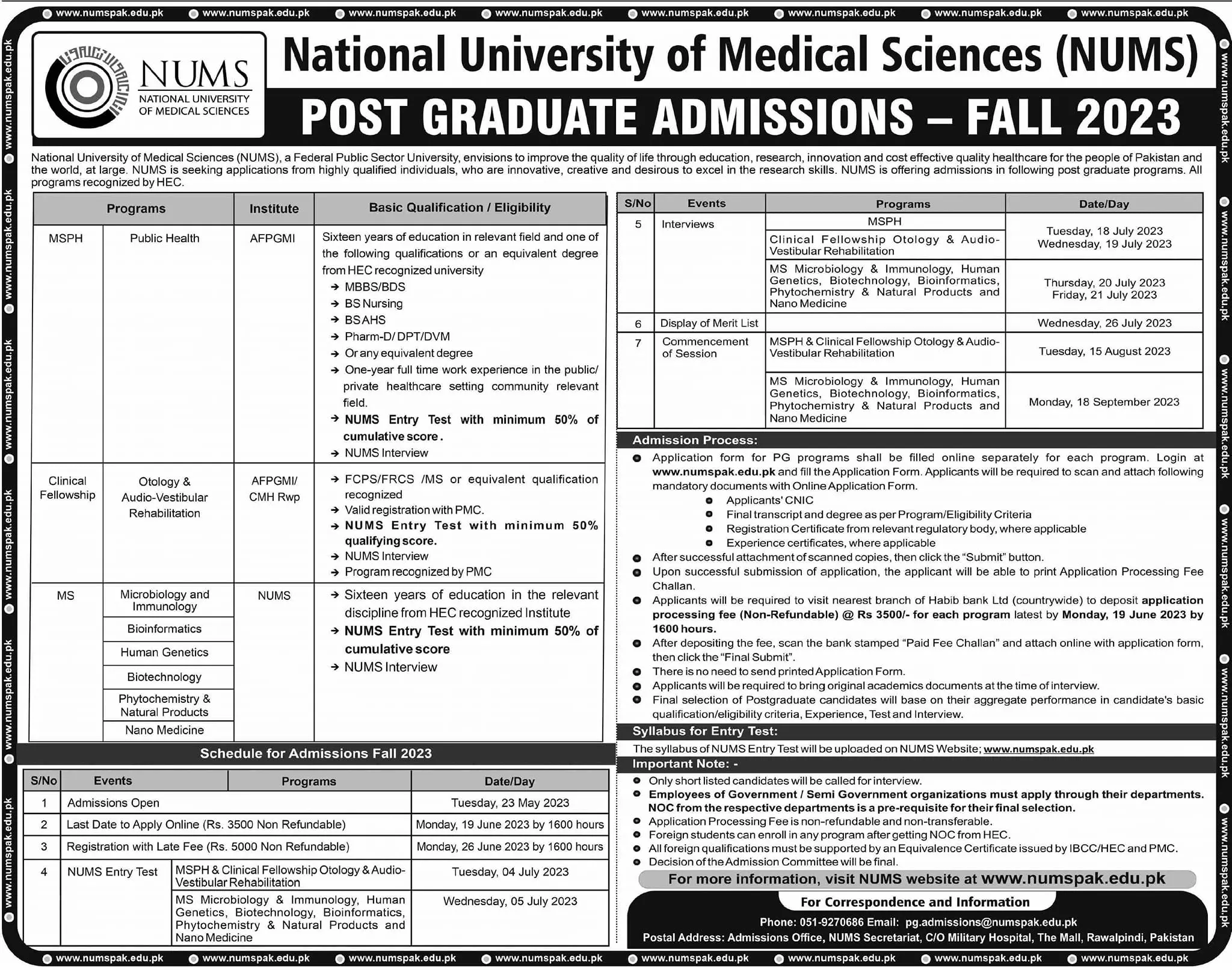 National University of Medical Sciences Admissions  2023 – National University of Medical Science NUMS Admissions 2023 — original advertisement