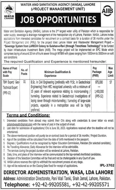 Water And Sanitation Agency Wasa Lahore Jobs 2023 – Water and Sanitation Agency (LDA) Lahore Jobs 2023 — original advertisement