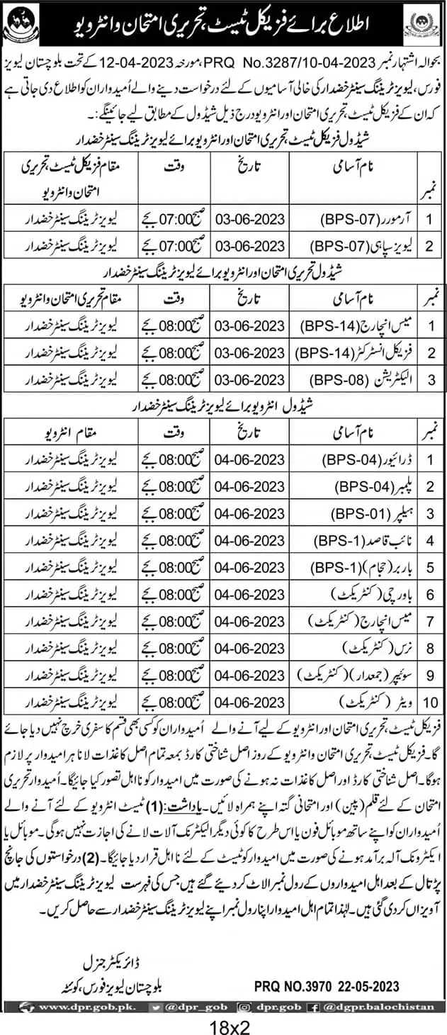 Balochistan Levies Force Khuzdar Test Interview 2023 Jobs 2023 — original advertisement