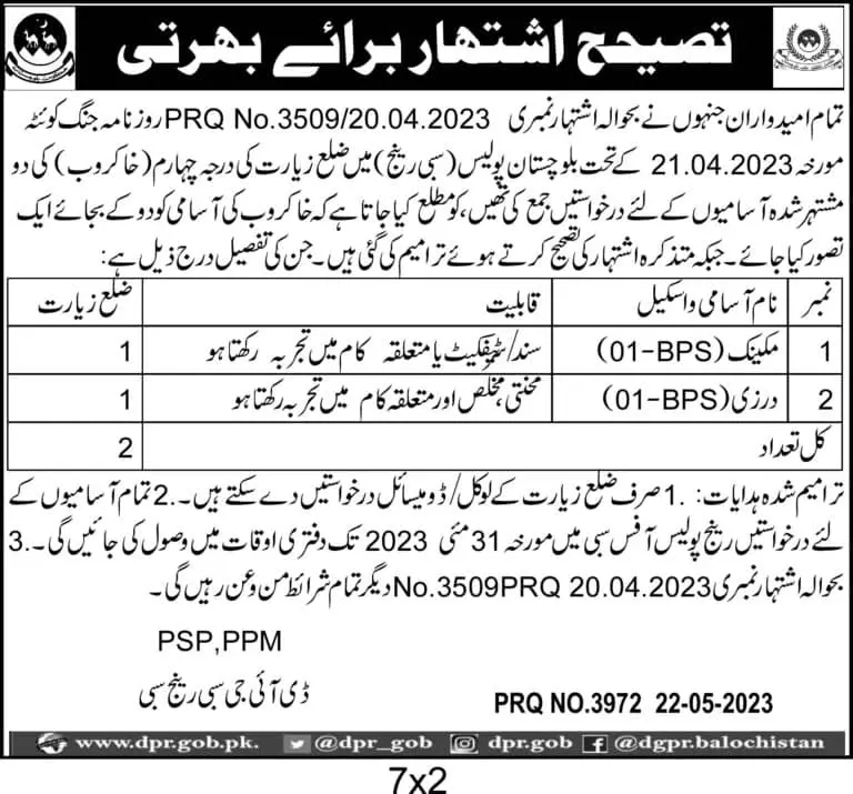 Corrigendum Balochistan Police Sibi Range Jobs 2023 – Balochistan Police Department Jobs 2023 — original advertisement