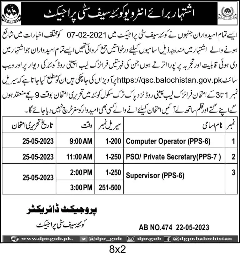 Quetta Safe City Project Test Interview 2023 Jobs 2023 — original advertisement