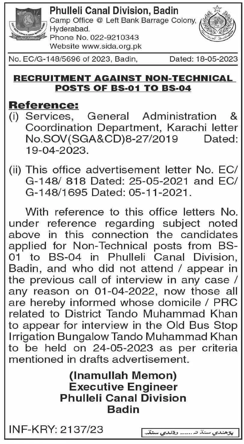 Phulleli Canal Division Badin Job Interviews 2023 – Irrigation Department Sindh Jobs 2023 — original advertisement