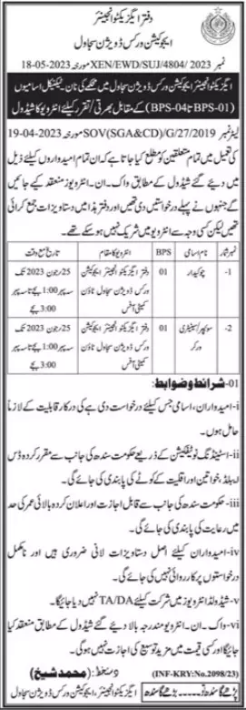 Education Works Division Sujawal Job Interviews 2023 – College education department Sindh Jobs 2023 — original advertisement
