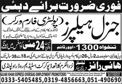 Poultry Farm Worker & General Helper Jobs 2023 In Dubai – High Rise Trade Test Training Center Jobs 2023 — original advertisement
