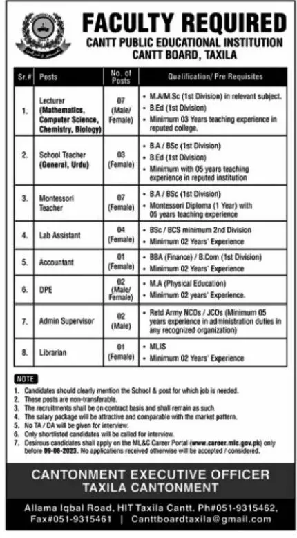 Cantt Public Educational Institution Taxila Jobs 2023 – Pakistan Army Jobs 2023 — original advertisement