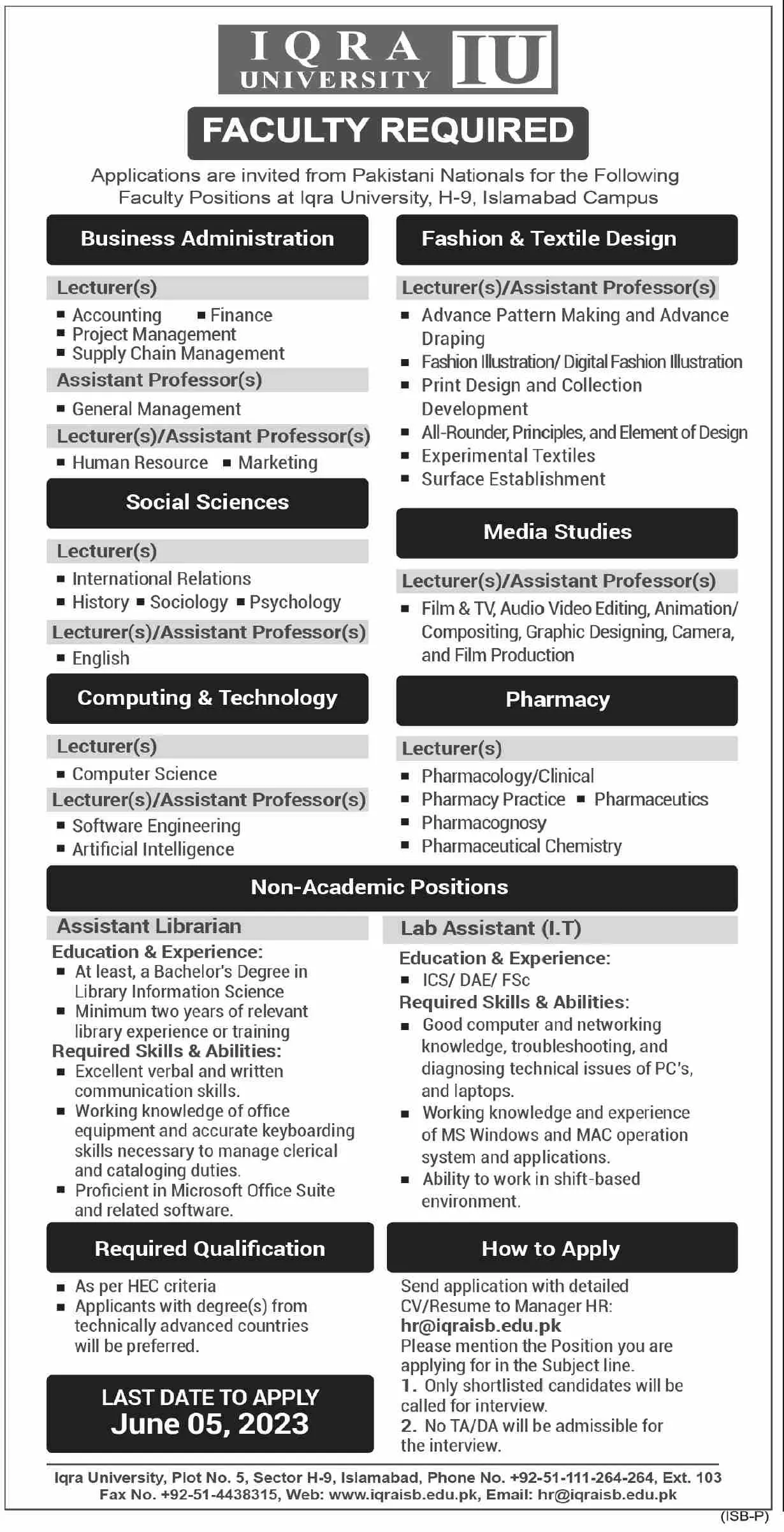 Iqra University Islamabad Jobs 2023 – Iqra University Islamabad Campus Jobs 2023 — original advertisement