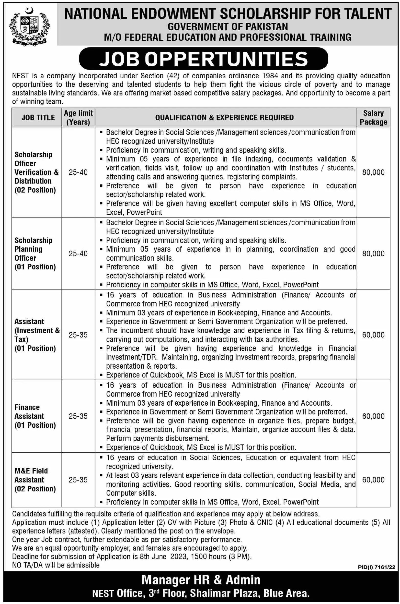 National Endowment Scholarship For Talent Islamabad Jobs – Ministry of Federal Education and Professional Training Scholarships 2023 — original advertisement