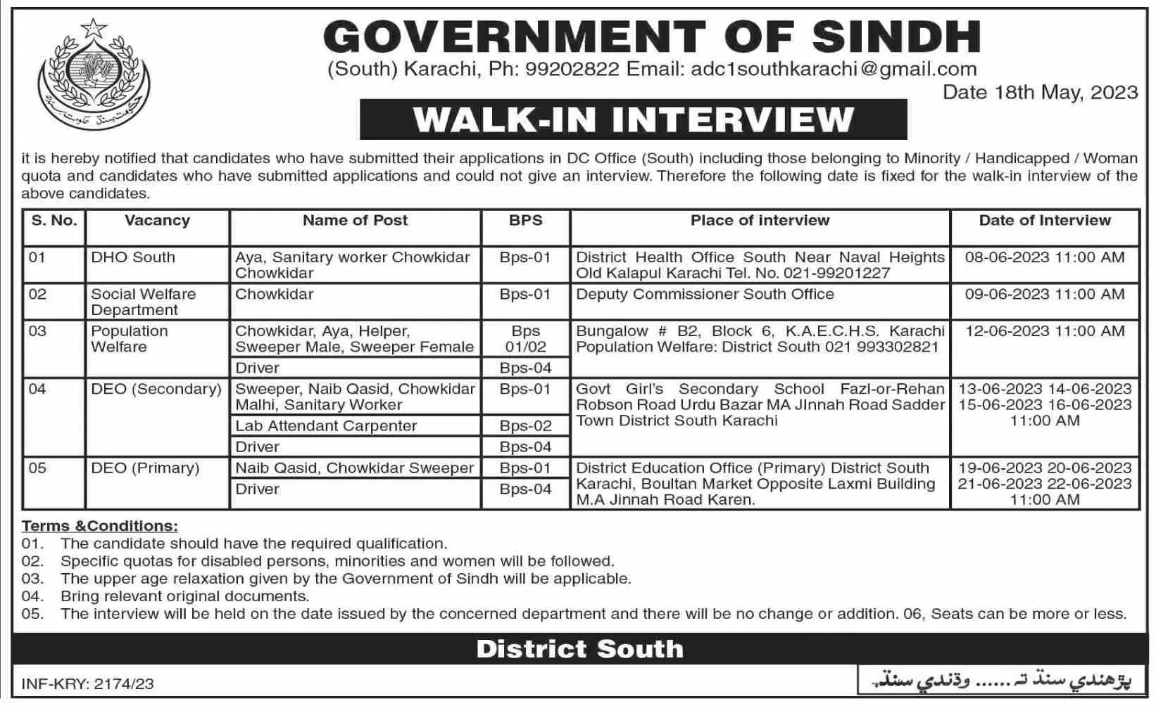 Interviews Deputy Commissioner South Karachi Jobs 2023 – Deputy Commissioner Karachi Jobs 2023 — original advertisement