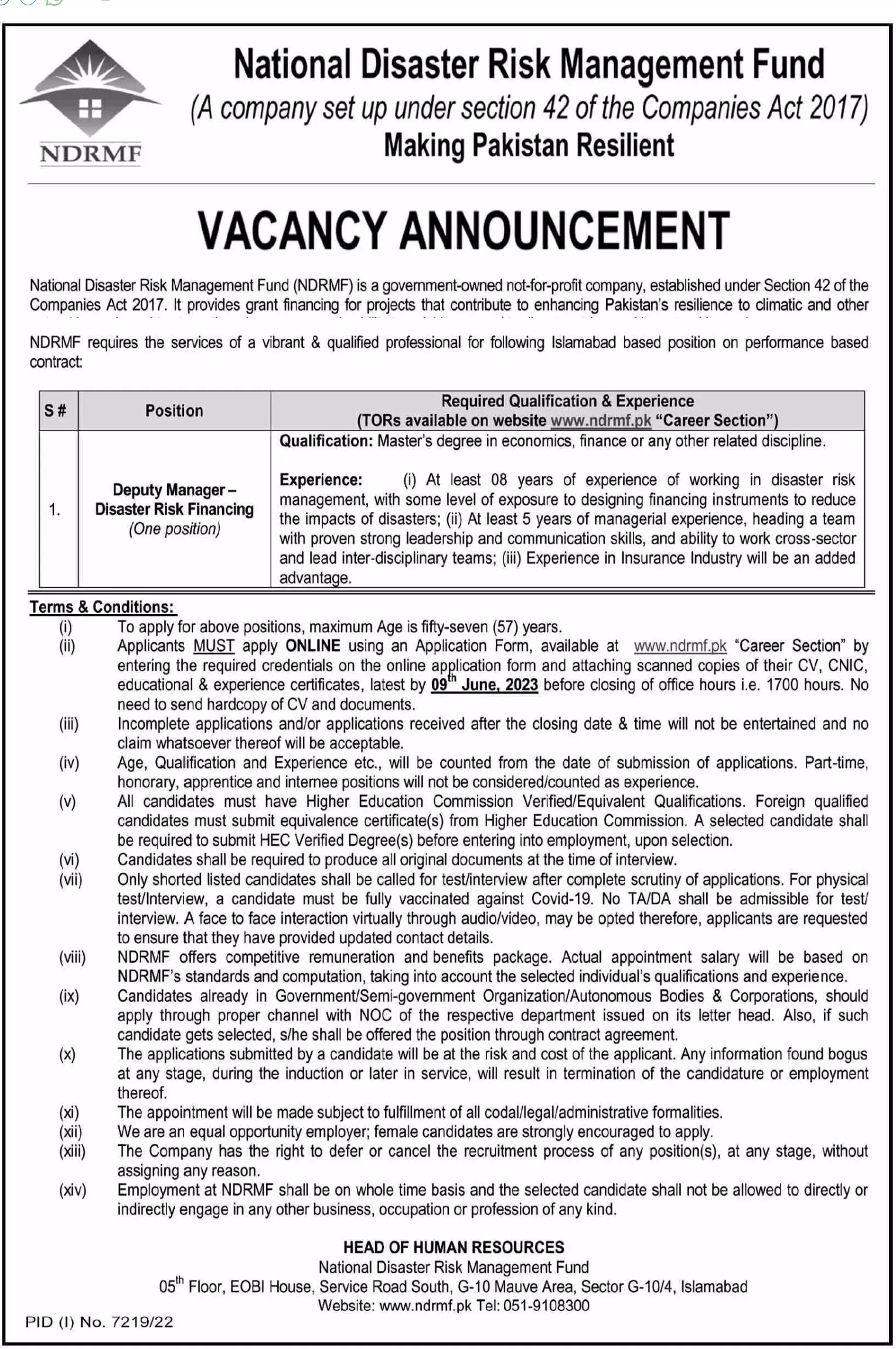 National Disaster Risk Management Fund Islamabad Jobs 2023 – National Disaster & Risk Management Fund Jobs 2023 — original advertisement