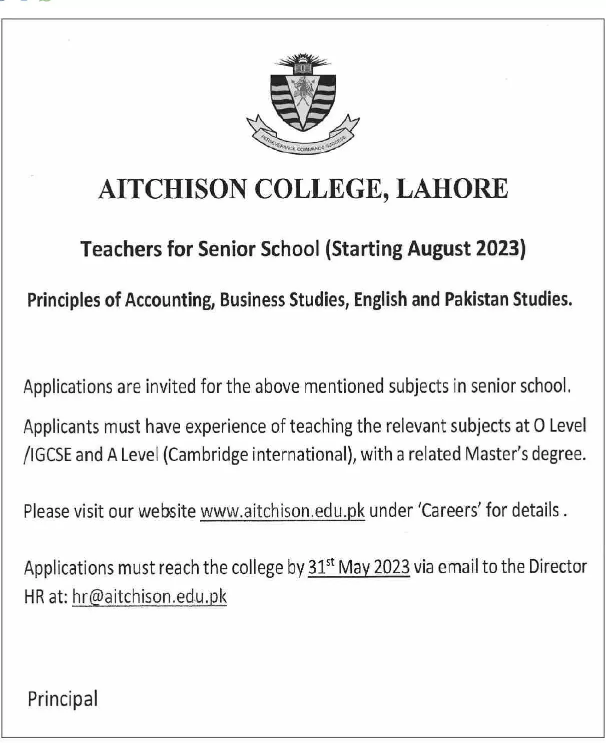 Aitchison College Lahore Punjab Jobs 2023 Jobs 2023 — original advertisement