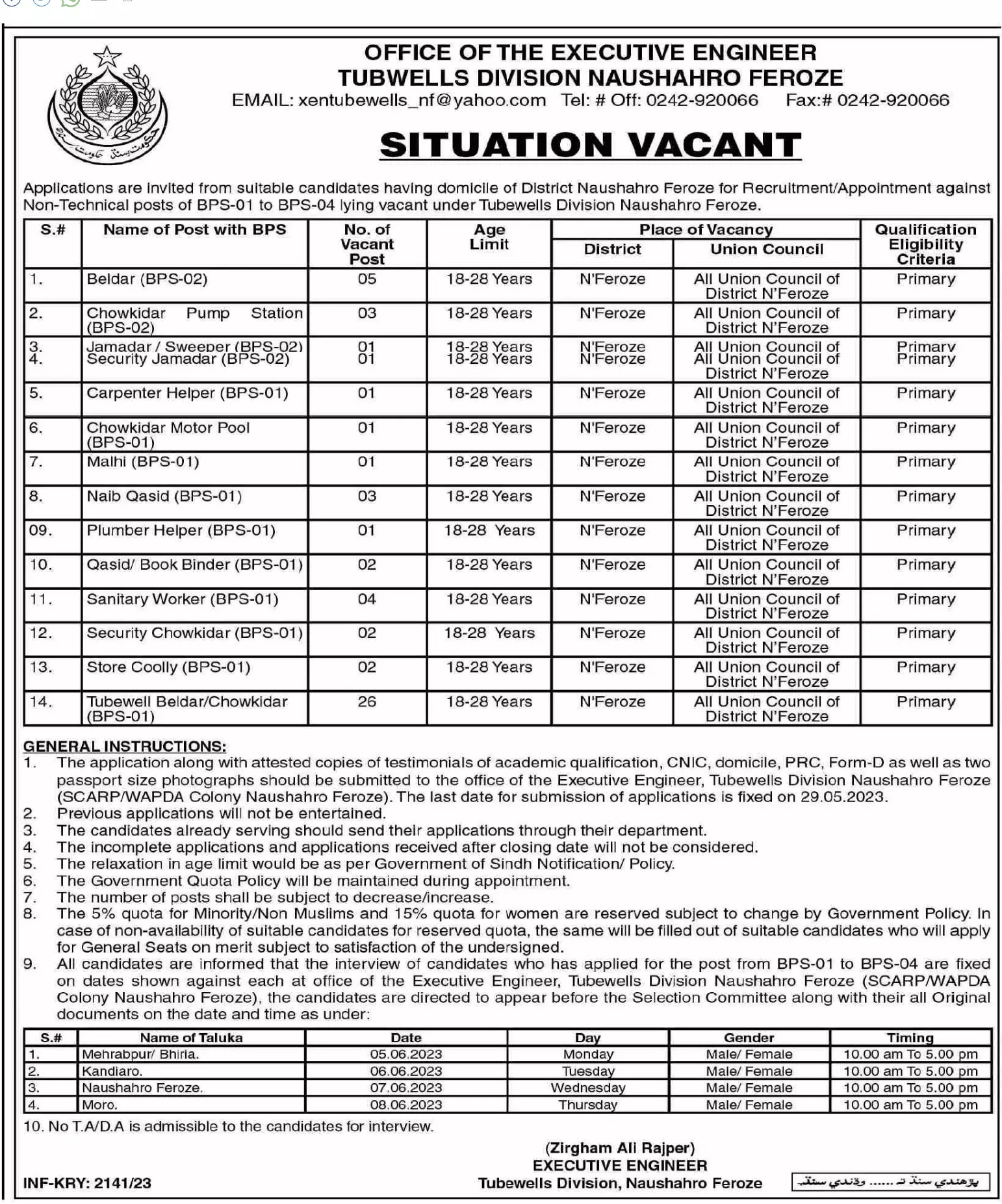Tubewells Division Naushahro Feroze Jobs 2023 – Irrigation Department Sindh Jobs 2023 — original advertisement
