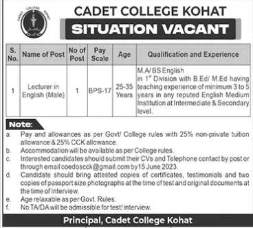 Cadet College Kohat khyber Pakhtunkhwa Jobs 2023 Jobs 2023 — original advertisement