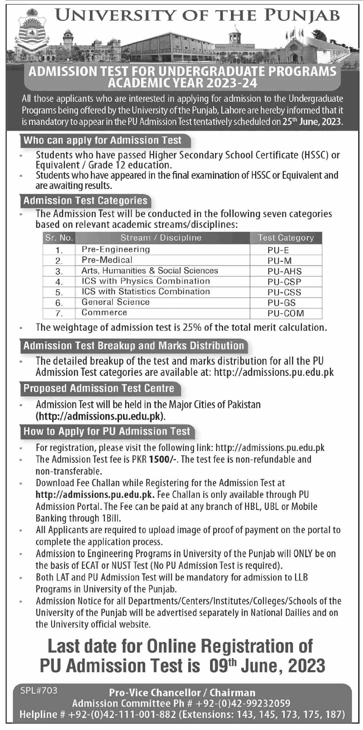 University of Punjab Lahore Admissions 2023 Admissions 2023 — original advertisement