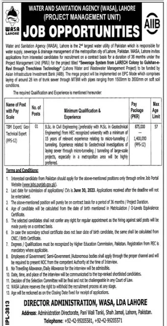 Water and Sanitation Agency WASA Lahore Jobs 2023 – Water and Sanitation Agency (LDA) Lahore Jobs 2023 — original advertisement