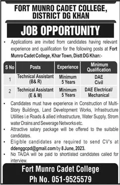 Fort Munro Cadet College District Dera ghazi Khan Jobs 2023 Jobs 2023 — original advertisement