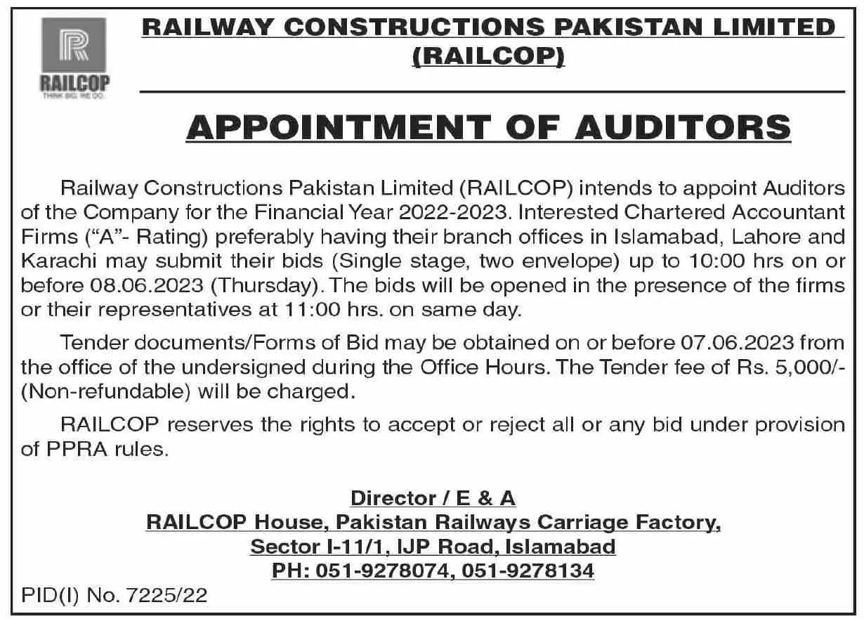 Railway Constructions PAK Limited Islamabad Jobs 2023 – Private Company Jobs 2023 — original advertisement