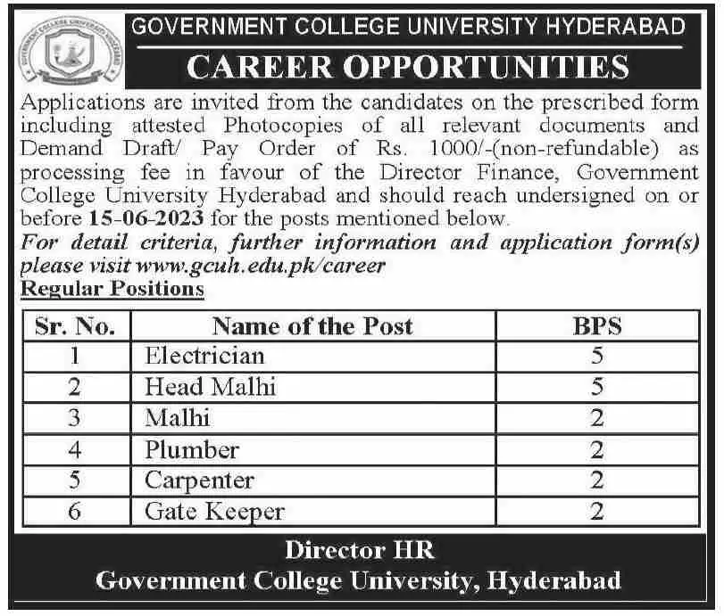Government College University Hyderabad Jobs 2023 Jobs 2023 — original advertisement