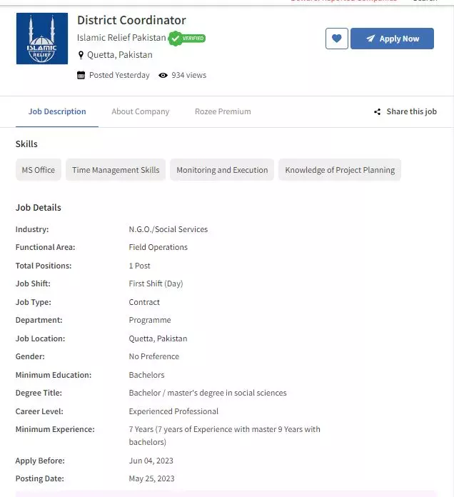 District Coordinator Islamic Relief Quetta Jobs 2023 – Islamic Relief International Jobs 2023 — original advertisement