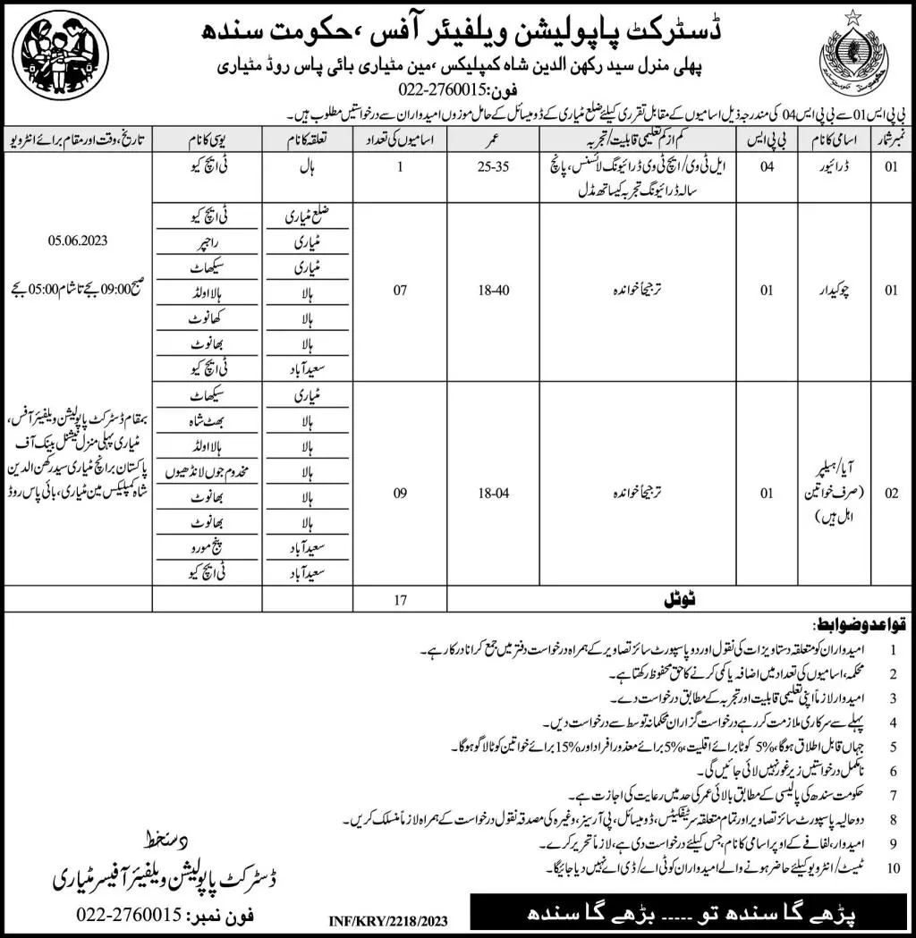 District Population Welfare Office Matiari Sindh Jobs 2023 – Population Welfare Department Sindh Jobs 2023 — original advertisement