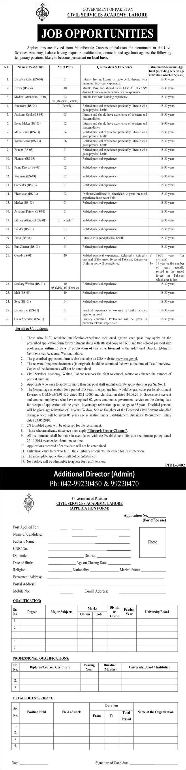 Civil Services Academy CSA Lahore Jobs 2023 – Civil Services Academy Lahore Jobs 2023 — original advertisement