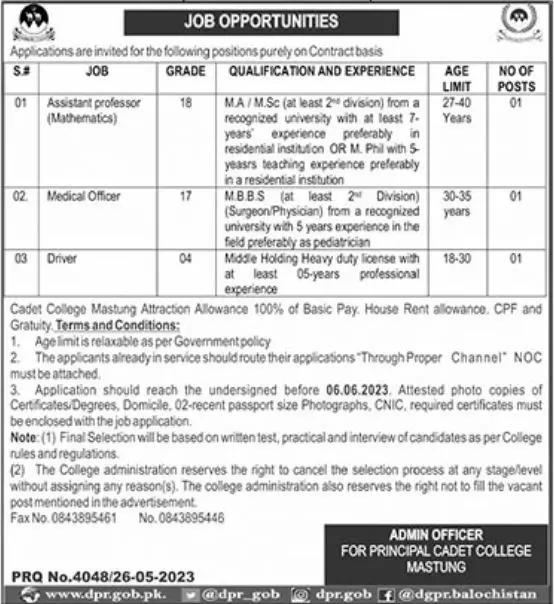 Cadet College Mastung Balochistan Jobs 2023 Jobs 2023 — original advertisement