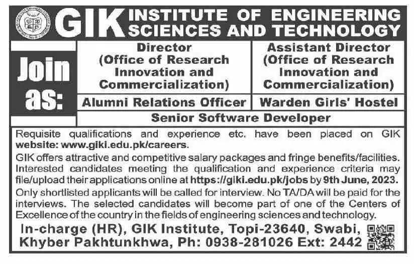 GIK Institute of Engineering Sciences & Technology Swabi Job – Ghulam Ishaq Khan GIK Institute of Engineering Sciences and Technology Swabi Jobs 2023 — original advertisement