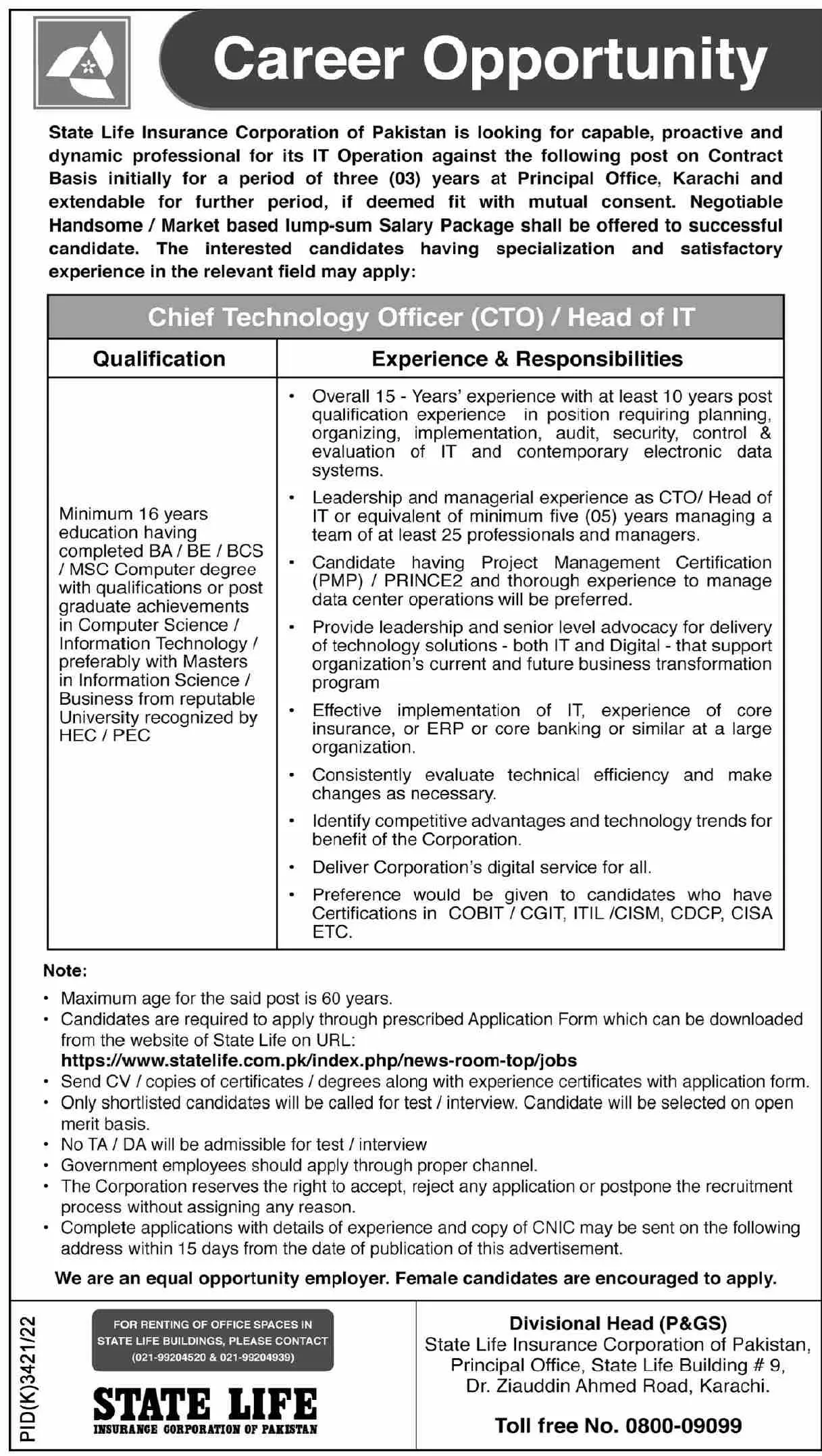 State Life Insurance Corporation Of Pakistan Karachi Jobs Jobs 2023 — original advertisement