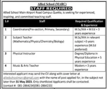 Allied School Quetta Jobs 2023 – Allied School System Jobs 2023 — original advertisement