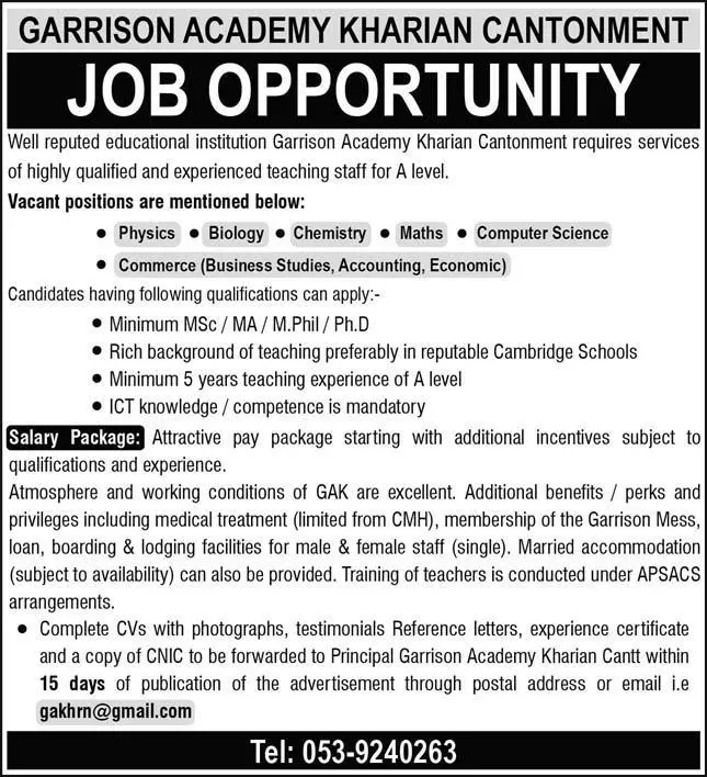 Grassion Academy Kharian Cantonment Jobs 2023 – Federal Govt Educational Institutes Cantts and Garrisons Jobs 2023 — original advertisement