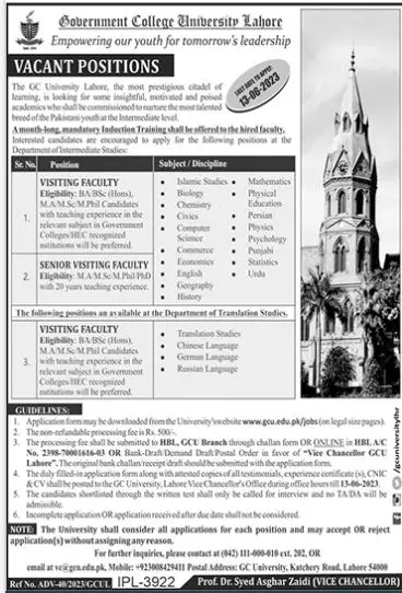 Government College University Lahore Jobs 2023 Jobs 2023 — original advertisement