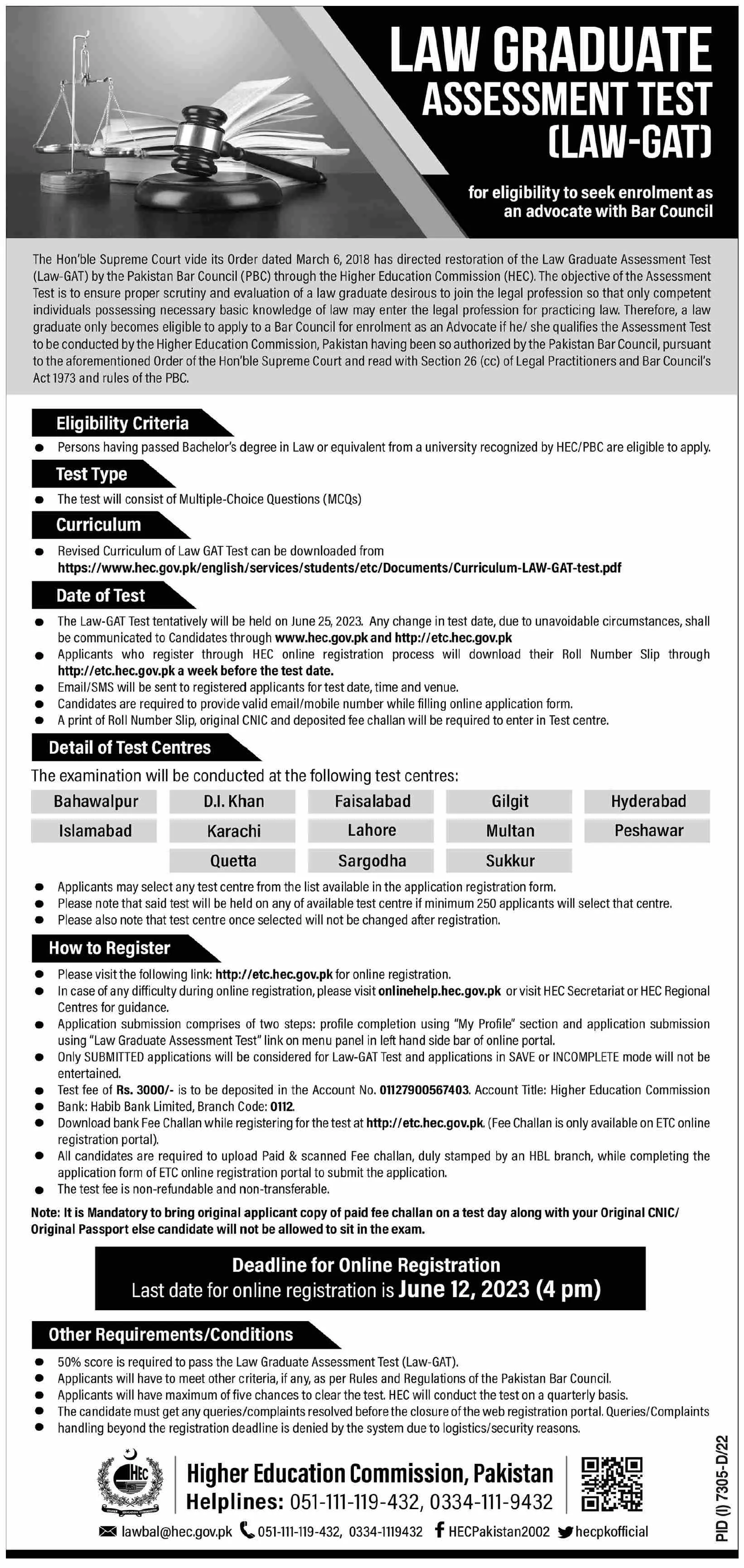 Law Graduate Assessment Test Law GAT Admissions 2023 – Higher Education Commission Islamabad Admissions 2023 — original advertisement