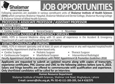 Shalamar Institute of Health Sciences Lahore Jobs 2023 Jobs 2023 — original advertisement