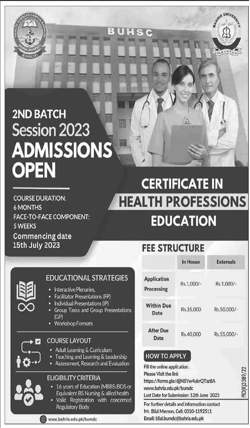 Bahria University Health Sciences Campus Admissions 2023 – Bharia University Karachi Admissions 2023 — original advertisement