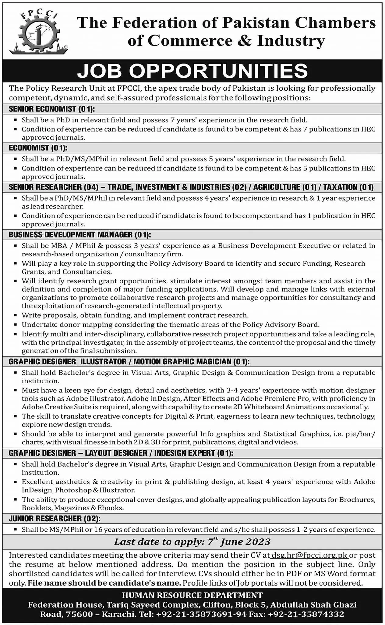 Federation of Pakistan Chambers of Commerce Jobs 2023 – Islamabad Chamber of Commerce & Industry Jobs 2023 — original advertisement