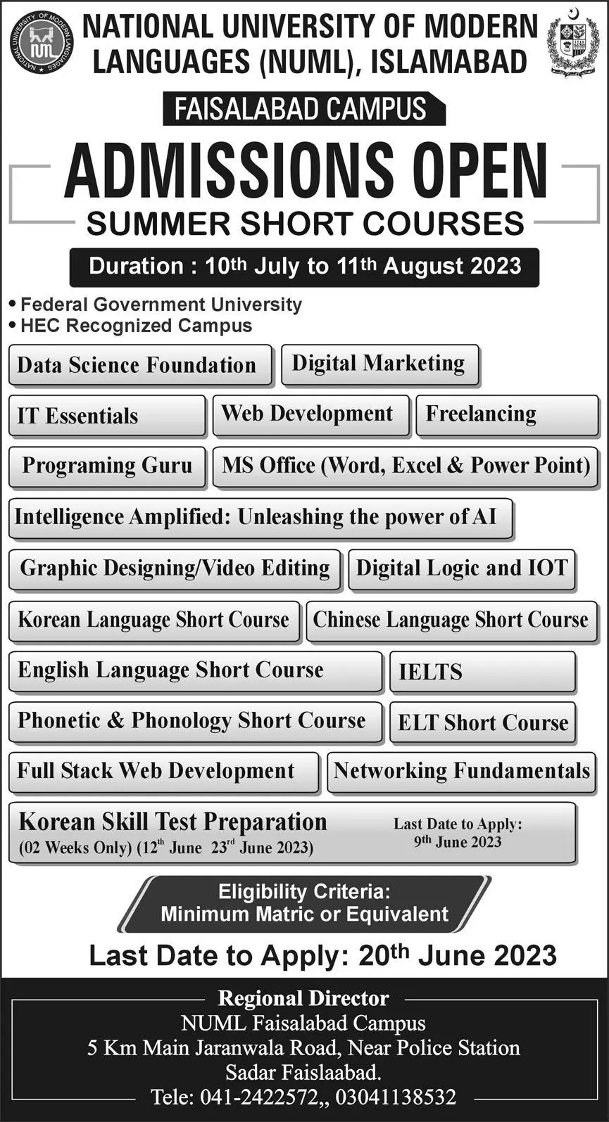 National University of Modern Languages Faisalabad Admission – National University of Modern Languages Islamabad Admissions 2023 — original advertisement