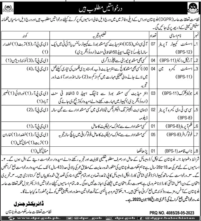Directorate General Public Relations Balochistan Jobs 2023 Jobs 2023 — original advertisement
