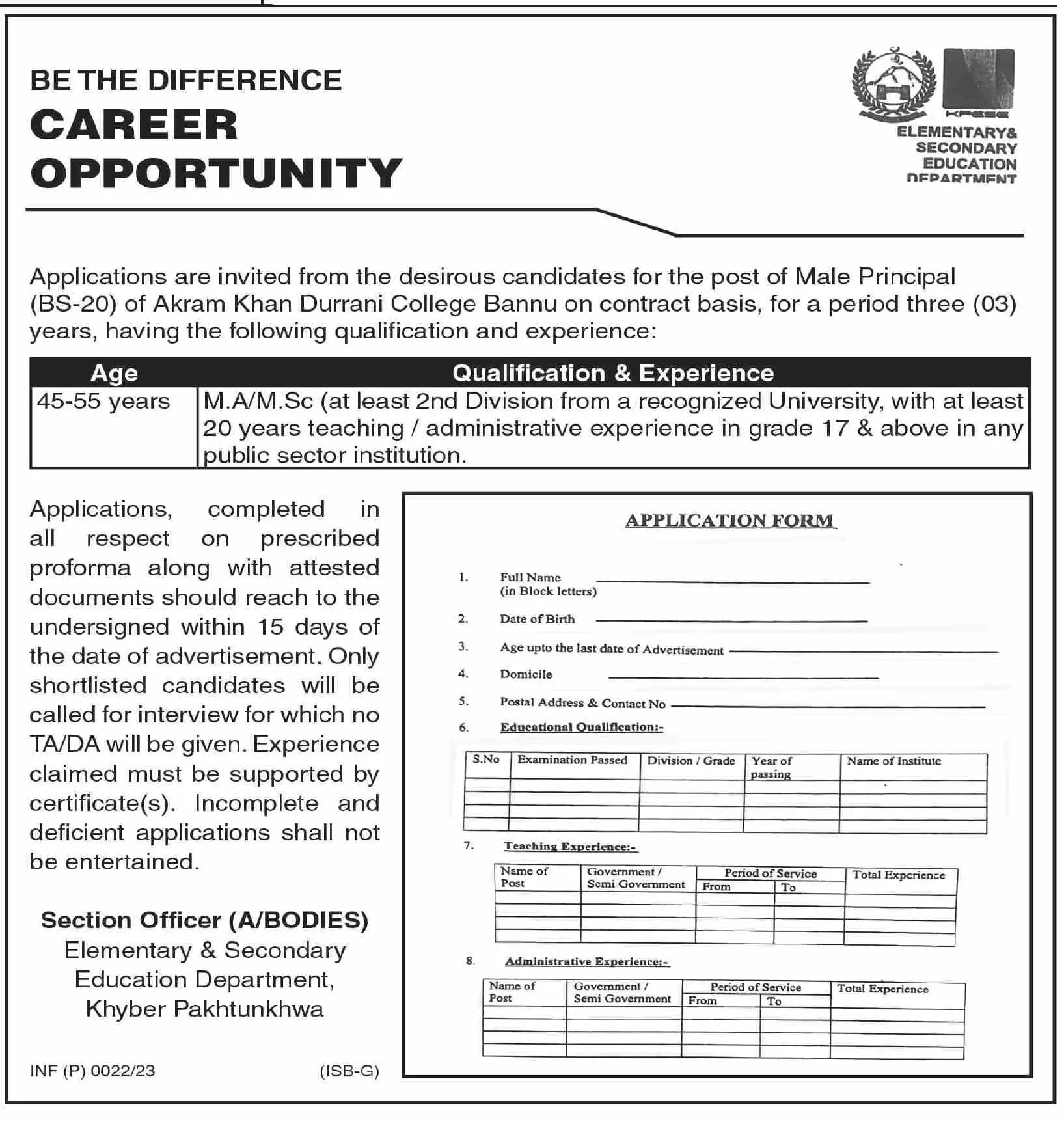 Principal Required Akram Durrani College Bannu 2023 – Elementary & Secondary Education Department KPK Jobs 2023 — original advertisement