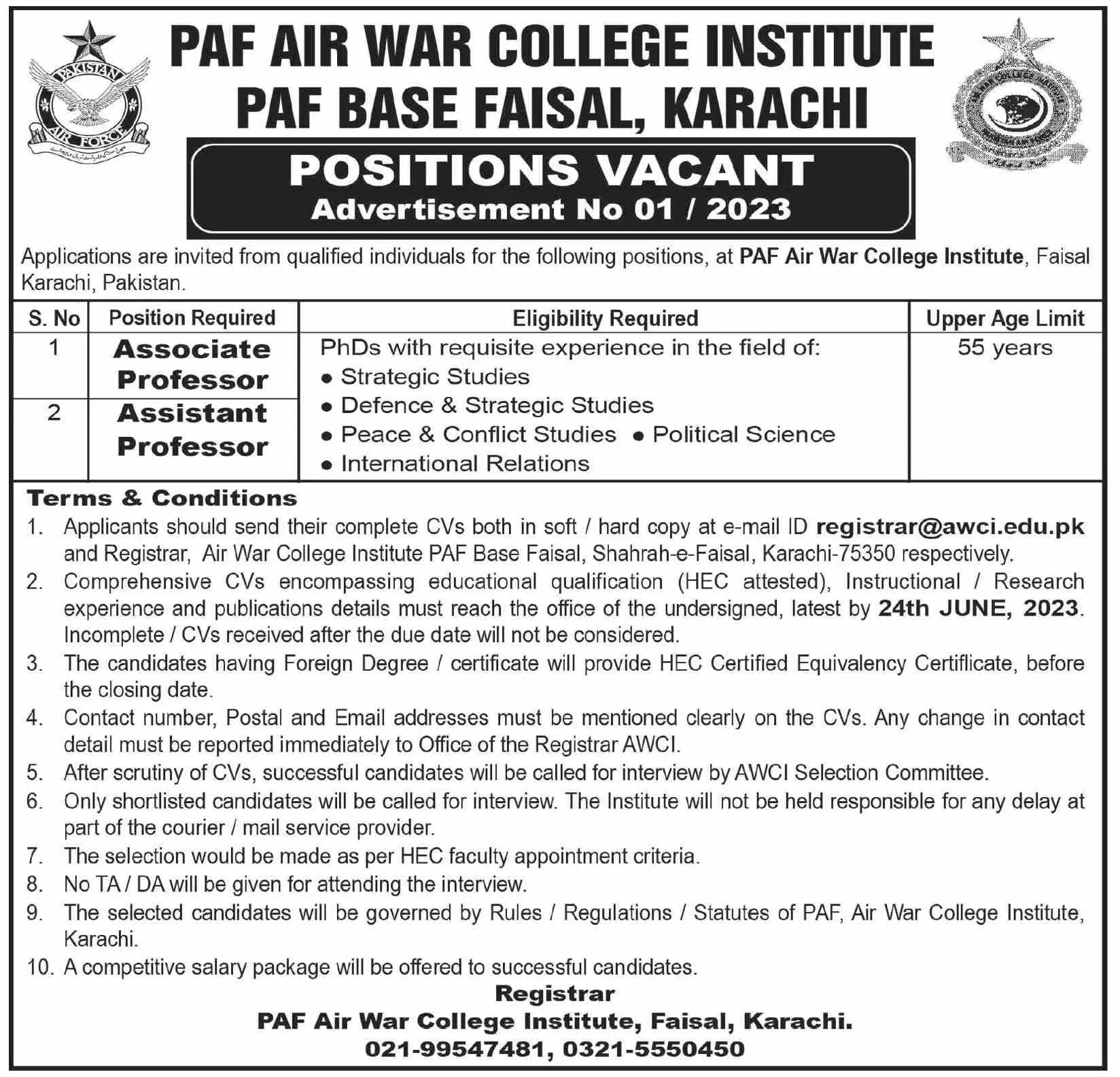 PAF Air War College Institute Karachi Jobs 2023 – Pakistan Air Force Jobs 2023 — original advertisement