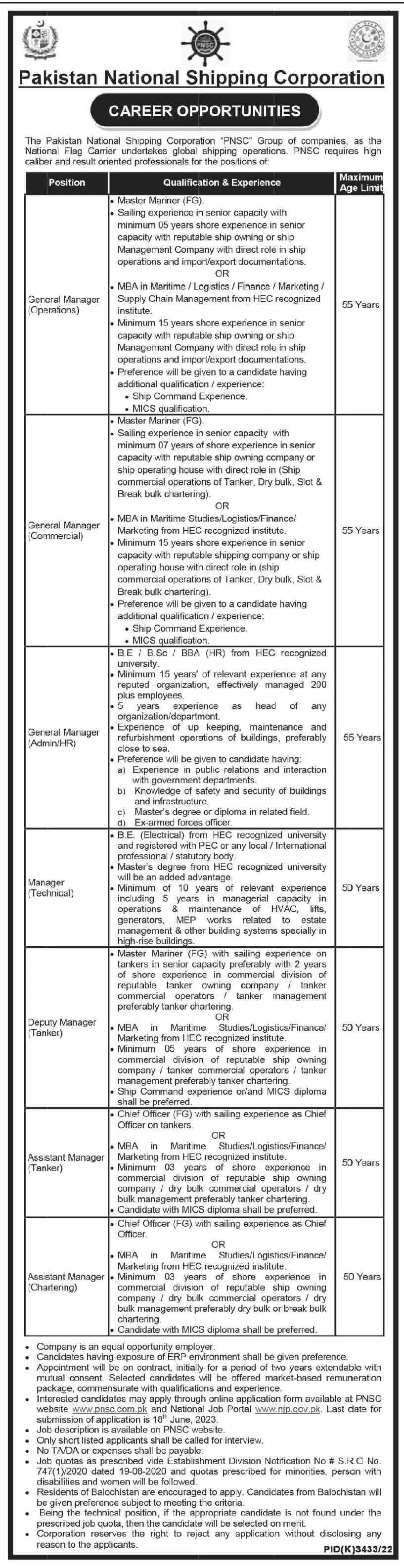Pakistan National Shipping Corporation PNSC Jobs 2023 – Pakistan National Shipping Corporation Karachi Jobs 2023 — original advertisement