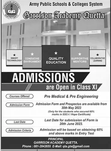 Garrison Academy Quetta Balochistan Admissions 2023 – Federal Govt Educational Institutes Cantts and Garrisons Admissions 2023 — original advertisement