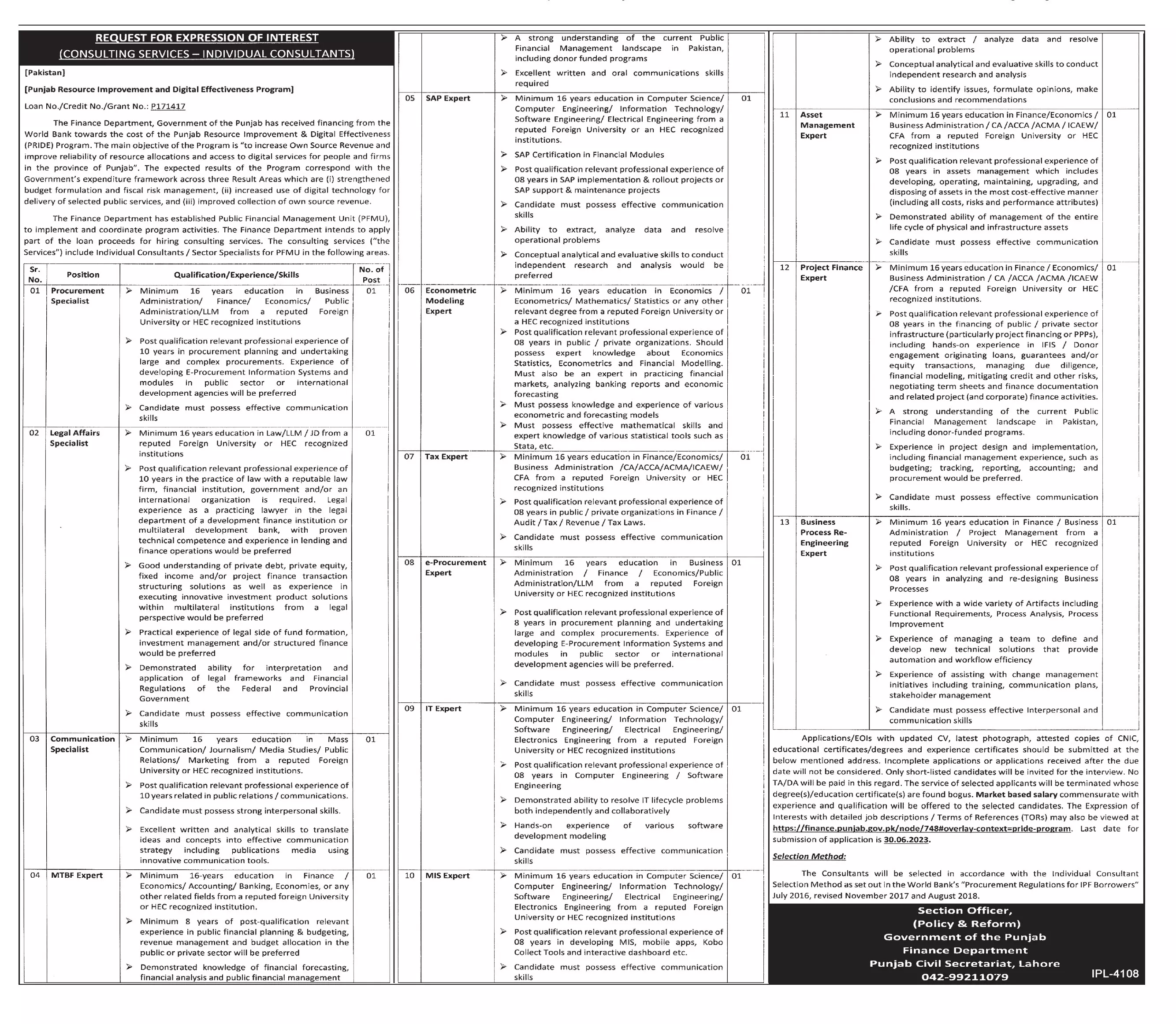 Finance Department Punjab Lahore Jobs 2023 Jobs 2023 — original advertisement