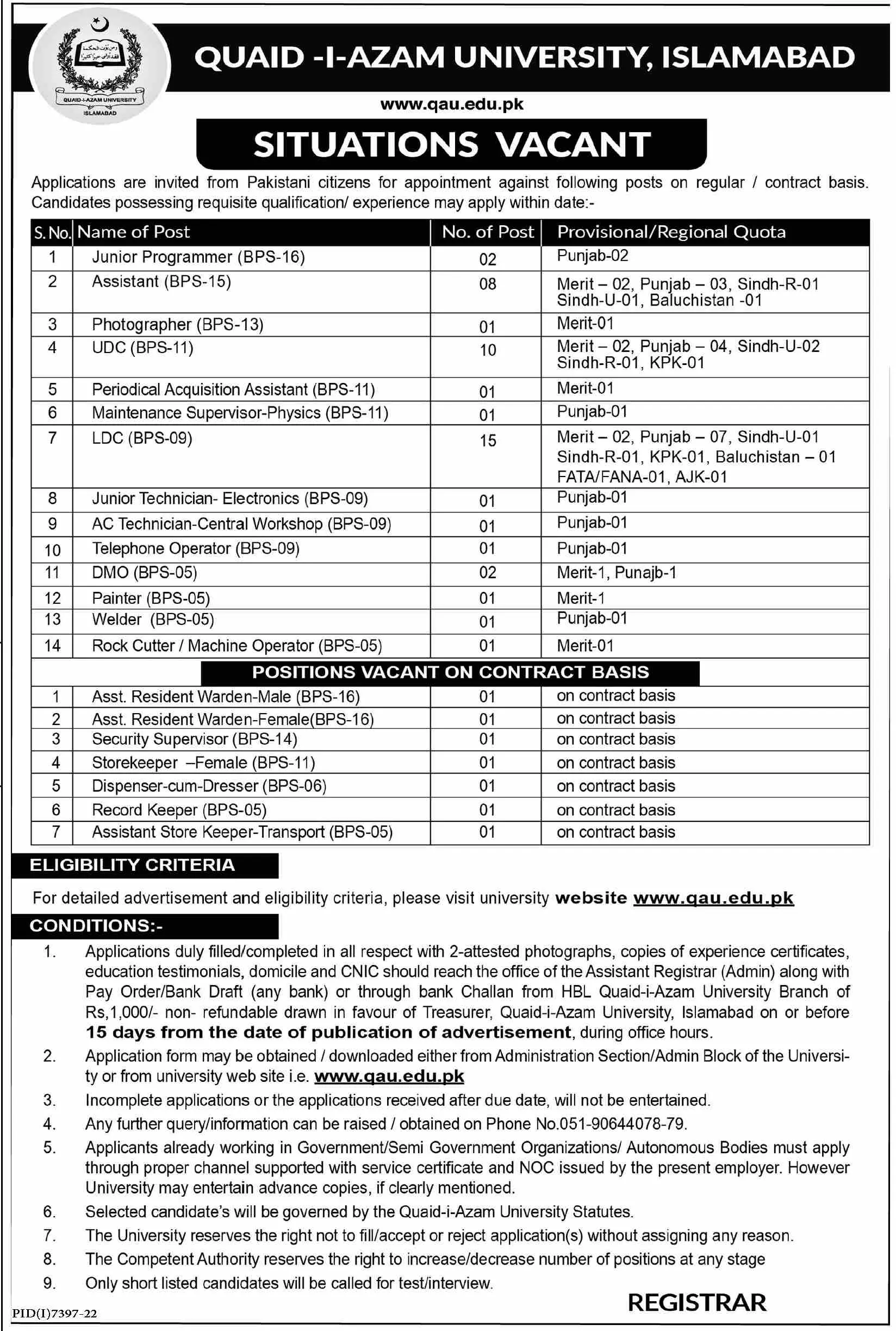 Quaid i Azam University Islamabad Jobs 2023 – Quaid-i-Azam University, Islamabad , Pakistan Jobs 2023 — original advertisement
