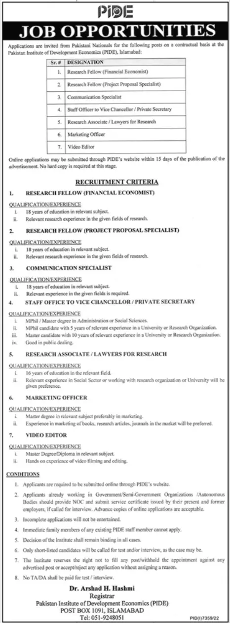 Pakistan Institute of Development Economics Islamabad Jobs – Pakistan Institute of Development Economics (PIDE) Jobs 2023 — original advertisement
