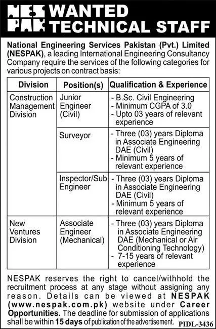 National Engineering Services Pakistan NESPAK Jobs 2023 – NESPAK National Engineering Services Pakistan Jobs 2023 — original advertisement