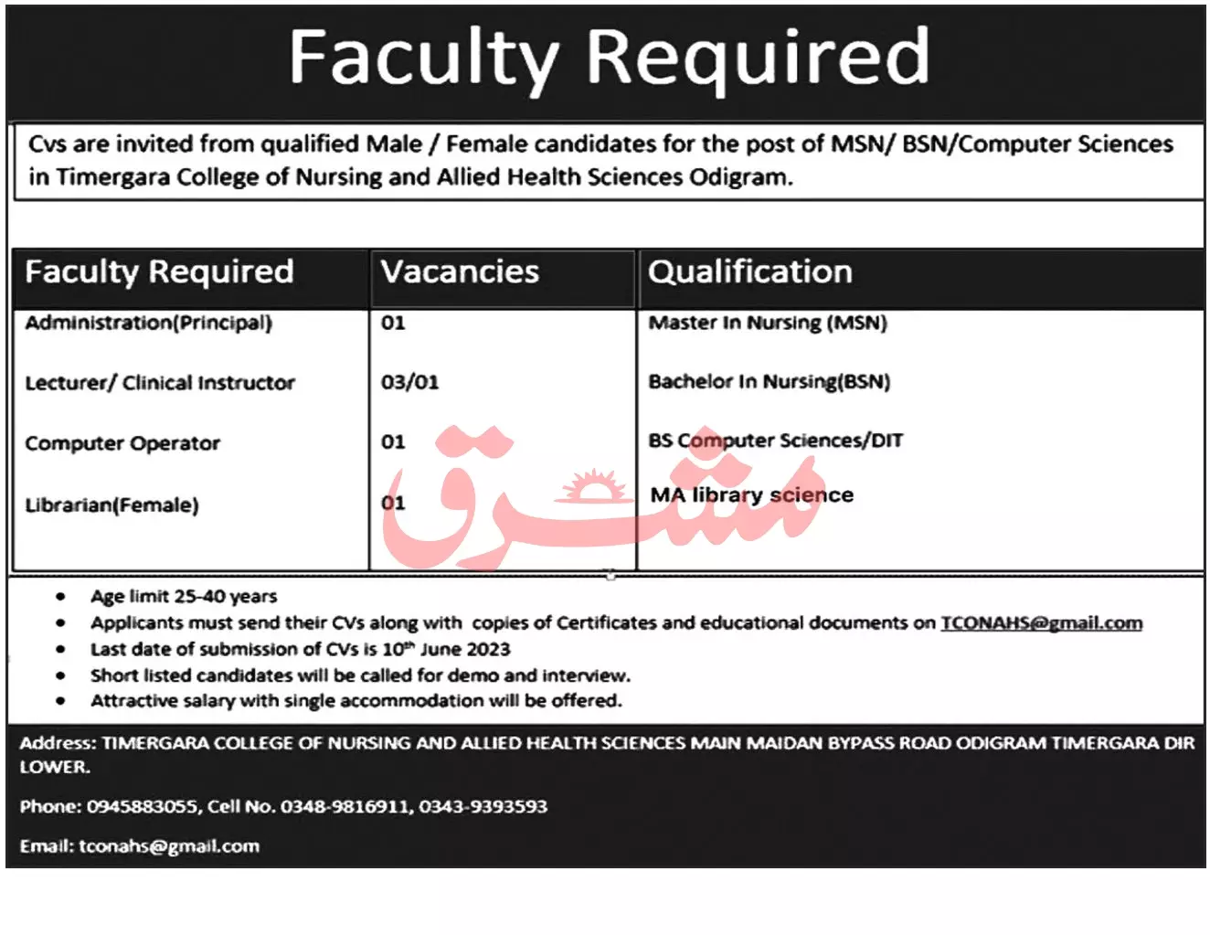 Timergara College of Nursing and allied Health Sciences Jobs – Timergara Medical College Jobs 2023 — original advertisement